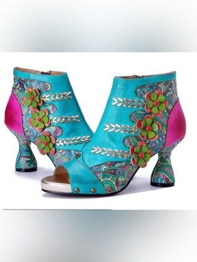 Soffia Catherine Floral Leather Heels Sz 7 EU 38 - Boho Peep Toe Applique Boots